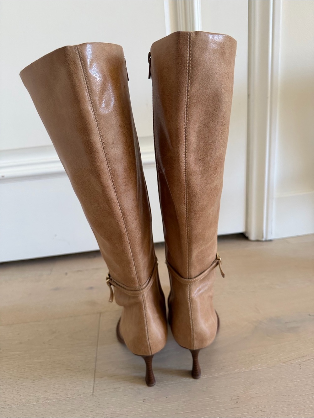 Zara Camel Tan Knee-High Pointed-Toe Heeled Boots - Picture 6 of 14